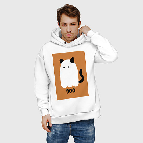 Мужское худи оверсайз Котик-призрак на хэллоуин / Белый – фото 3
