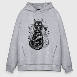 Толстовка оверсайз мужская Keep calm and love cats, цвет: меланж