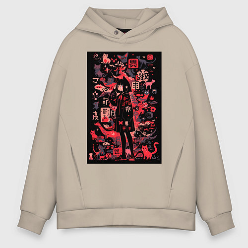 Мужское худи оверсайз Девушка кошка / Миндальный – фото 1