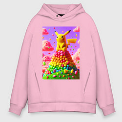 Толстовка оверсайз мужская Пикачу сидит на горе из монпансье, цвет: светло-розовый