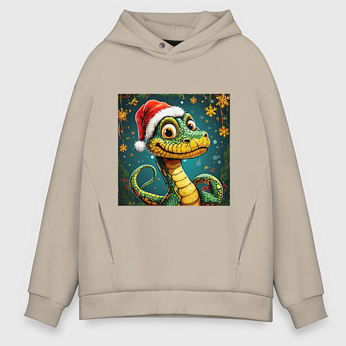 Мужское худи оверсайз Новогодняя змейка в красной шапке / Миндальный – фото 1
