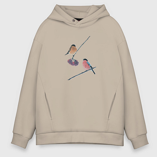 Мужское худи оверсайз Снегири на ветке рябины / Миндальный – фото 1