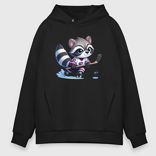 Мужское худи оверсайз Енотик хоккейный форвард - нейроарт / Черный – фото 1