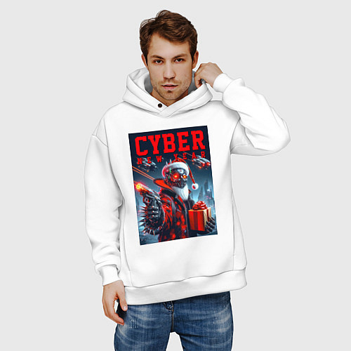 Мужское худи оверсайз Cyber Santa with a gun - ai art / Белый – фото 3