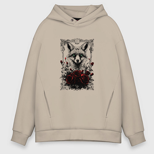 Мужское худи оверсайз Лис с красными розами / Миндальный – фото 1