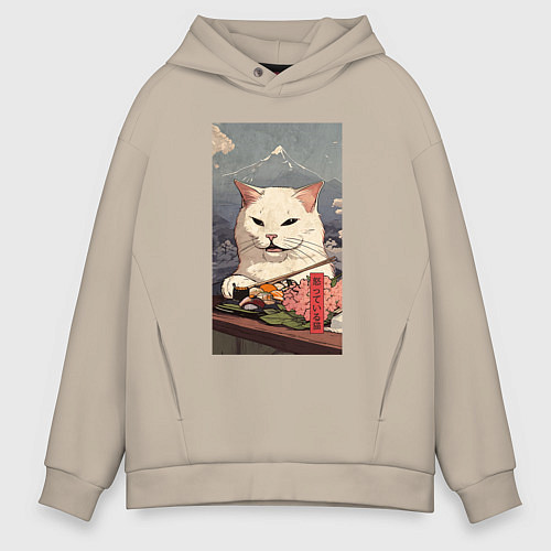 Мужское худи оверсайз Cat meme - japan style / Миндальный – фото 1