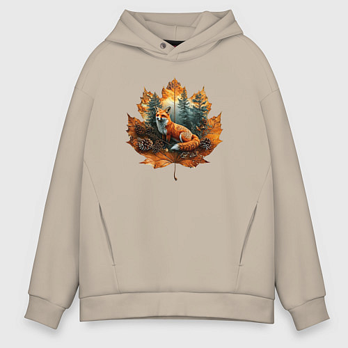 Мужское худи оверсайз Лиса и лист / Миндальный – фото 1