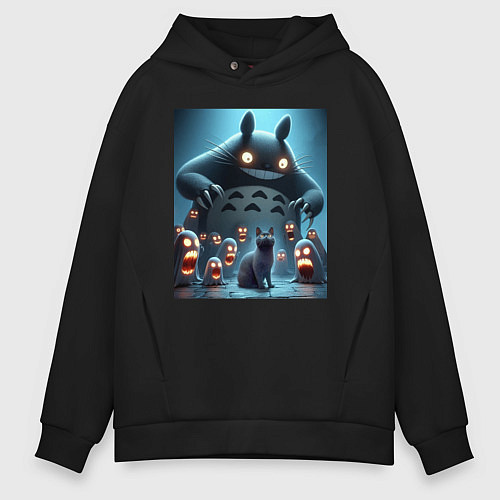 Мужское худи оверсайз Тоторо среди привидений и чёрного кота / Черный – фото 1