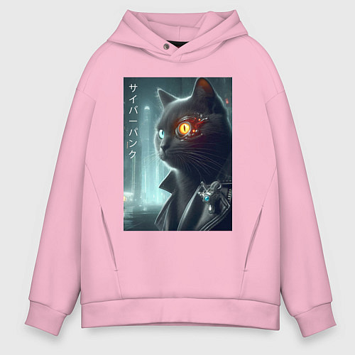 Мужское худи оверсайз Black cat - cyberpunk / Светло-розовый – фото 1