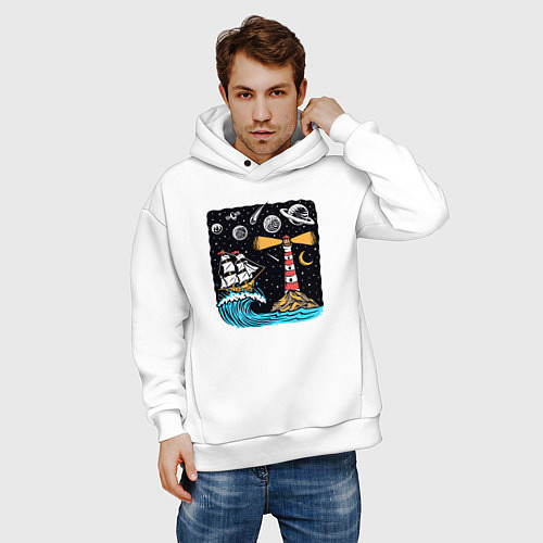 Мужское худи оверсайз Маяк и парусник / Белый – фото 3