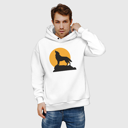 Мужское худи оверсайз Волк на закате / Белый – фото 3