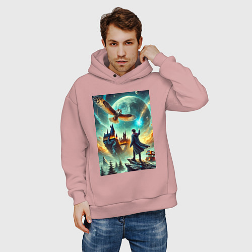 Мужское худи оверсайз Harry Potter and owl - Hogwarts / Пыльно-розовый – фото 3