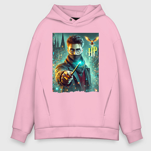 Мужское худи оверсайз Harry Potter with a magic wand - ai art fantasy / Светло-розовый – фото 1