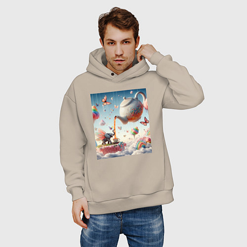 Мужское худи оверсайз Чаепитие крылатого слона - психоделика / Миндальный – фото 3