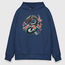 Толстовка оверсайз мужская Japanese dragon and sakura - irezumi, цвет: тёмно-синий