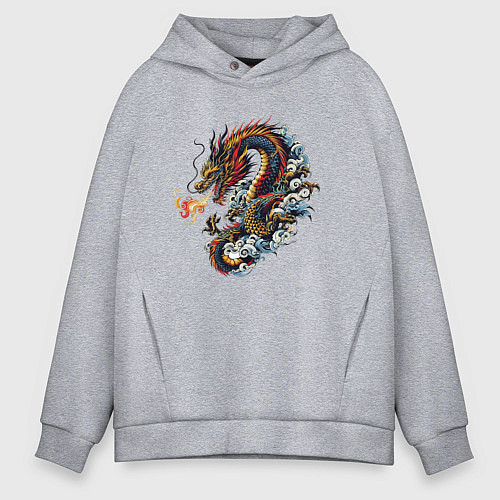 Мужское худи оверсайз Japanese dragon - engraving / Меланж – фото 1