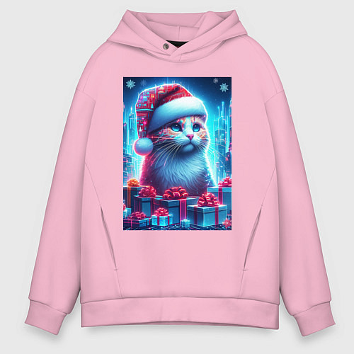 Мужское худи оверсайз Новогодний котик среди подарков / Светло-розовый – фото 1
