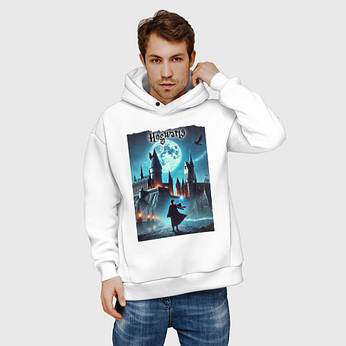 Мужское худи оверсайз Nightly Hogwarts - neon glow / Белый – фото 3