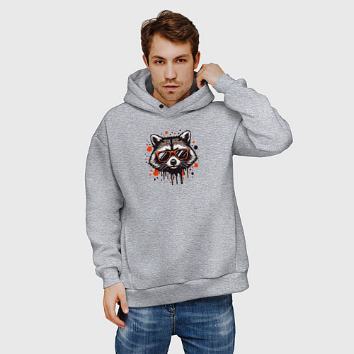 Мужское худи оверсайз Голова енота с брызгами краски / Меланж – фото 3