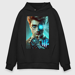 Толстовка оверсайз мужская Cyber Harry Potter - ai art neon fantasy, цвет: черный