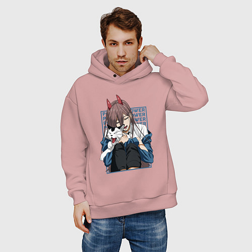 Мужское худи оверсайз Человек-бензопила Пауэр и кошка / Пыльно-розовый – фото 3