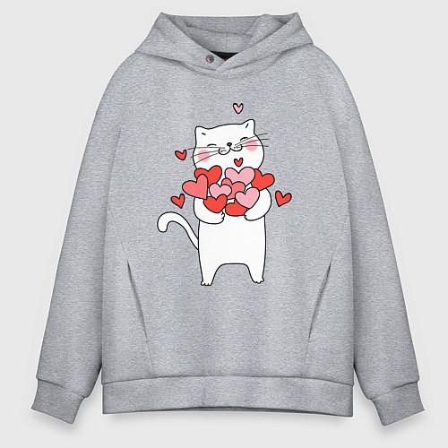 Мужское худи оверсайз Белый кот с охапкой сердец / Меланж – фото 1