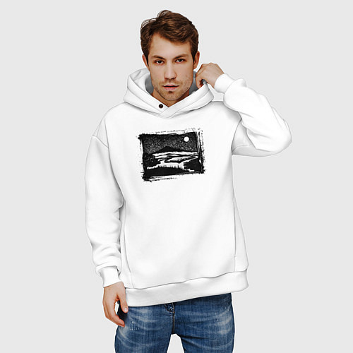 Мужское худи оверсайз Ночной поход, велосипед, палатка и горы / Белый – фото 3