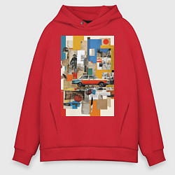 Толстовка оверсайз мужская Плакат с ретро автомобилем, цвет: красный