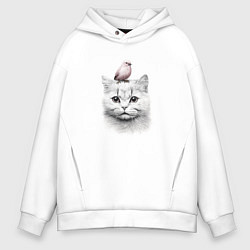 Толстовка оверсайз мужская Котик с птичкой, цвет: белый