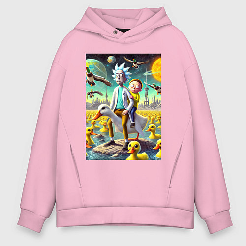 Мужское худи оверсайз Рик и Морти сидят на утке на одноимённой планете / Светло-розовый – фото 1
