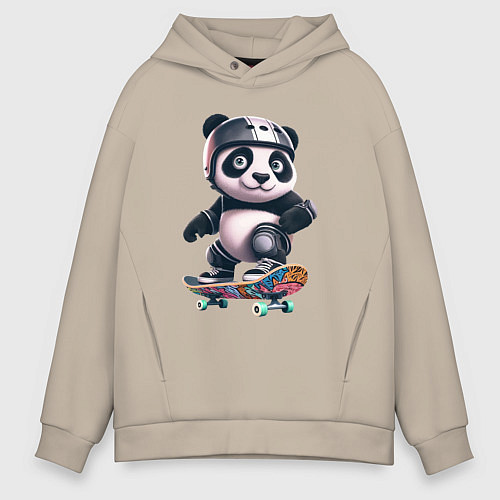 Мужское худи оверсайз Cool panda on a skateboard - extreme / Миндальный – фото 1