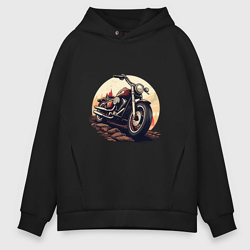 Мужское худи оверсайз Мотоцикл на фоне заката / Черный – фото 1
