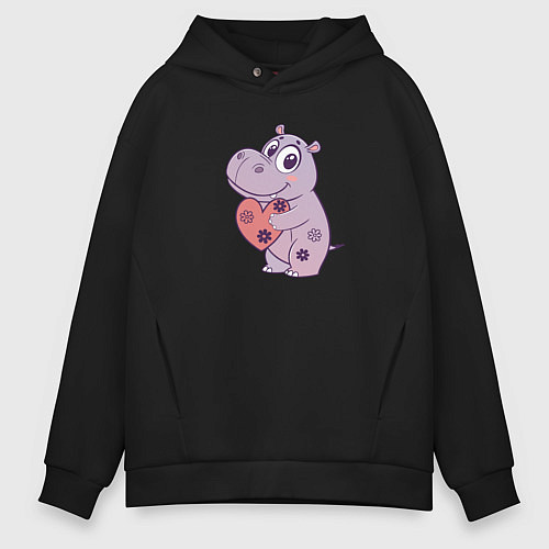 Мужское худи оверсайз Бегемотик с сердцем / Черный – фото 1