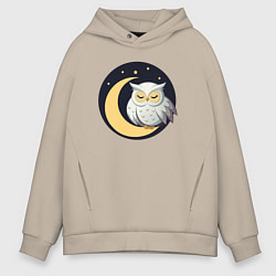 Толстовка оверсайз мужская Белая сова, спящая на луне, цвет: миндальный