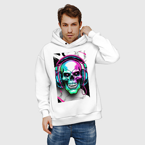 Мужское худи оверсайз Череп в наушниках / Белый – фото 3