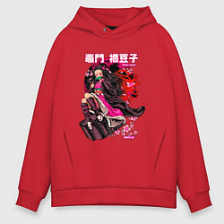 Толстовка оверсайз мужская Клинок рассекающий демонов Незуко луна, цвет: красный