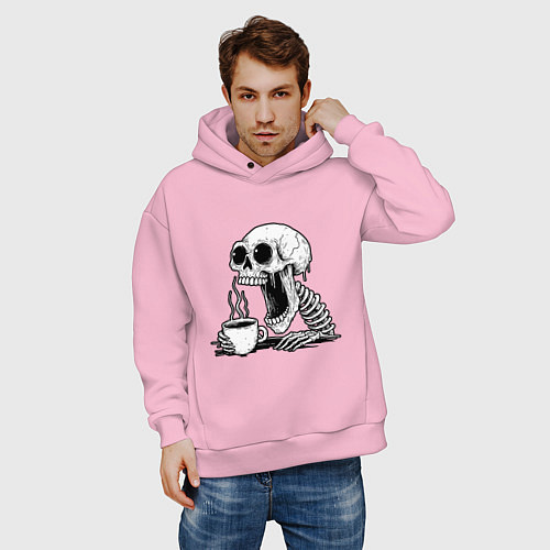 Мужское худи оверсайз Skeleton with coffee / Светло-розовый – фото 3