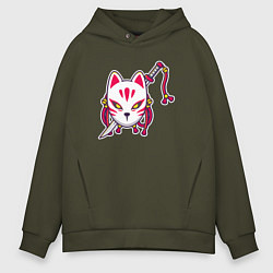 Толстовка оверсайз мужская Кошка самурай, цвет: хаки