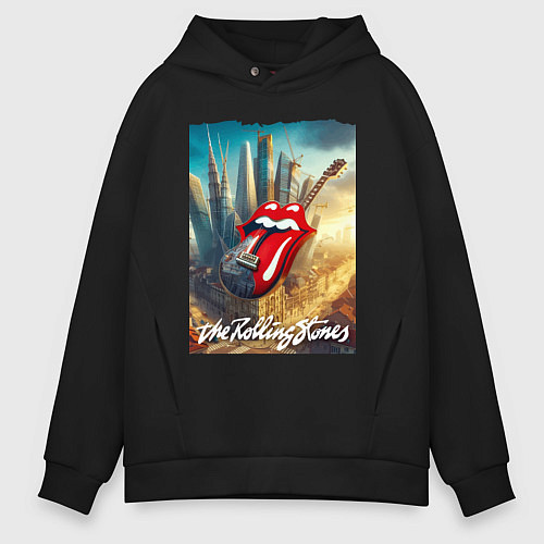 Мужское худи оверсайз Rolling Stones - logo-guitar / Черный – фото 1