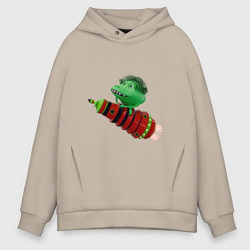 Мужское худи оверсайз Зеленый монстр на красной ракете / Миндальный – фото 1