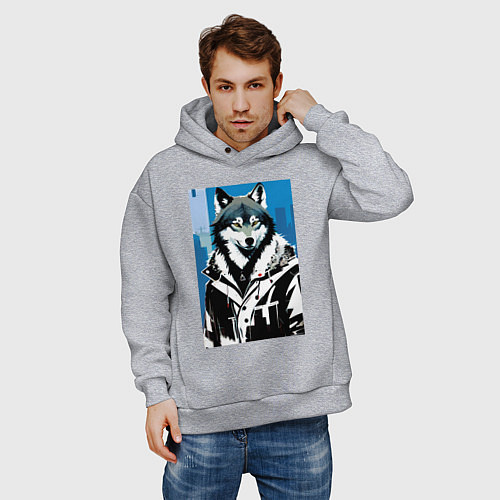 Мужское худи оверсайз Волк в мегаполисе - нейроарт / Меланж – фото 3