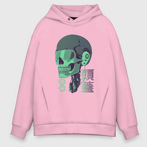 Мужское худи оверсайз Скелет киборг в стиле VHS / Светло-розовый – фото 1