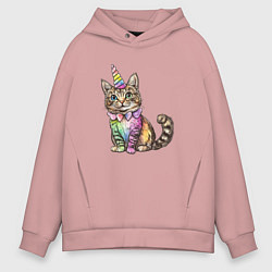 Толстовка оверсайз мужская Праздничный котик в колпаке единорога, цвет: пыльно-розовый