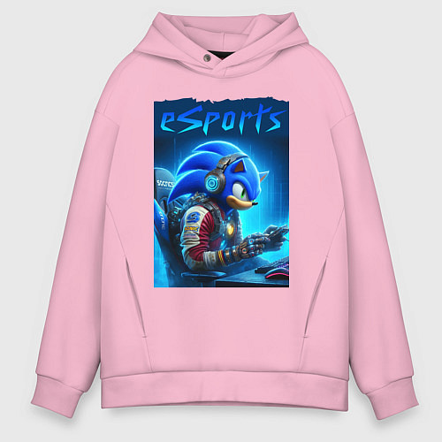Мужское худи оверсайз Hedgehog Sonic is esports player - neon glow / Светло-розовый – фото 1