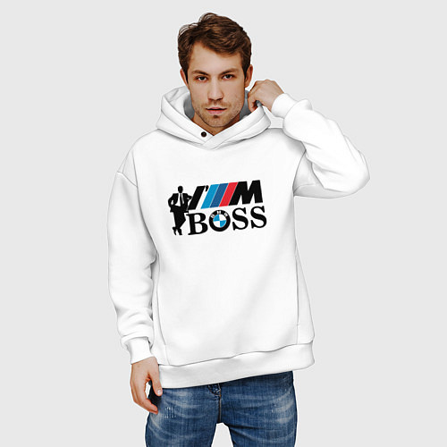 Мужское худи оверсайз BMW я босс / Белый – фото 3