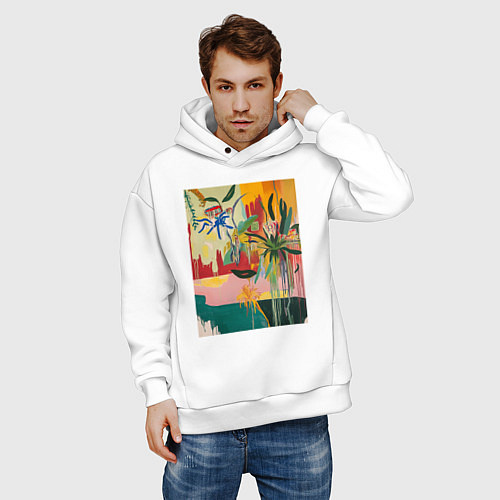 Мужское худи оверсайз Абстрактная тропическая картина / Белый – фото 3