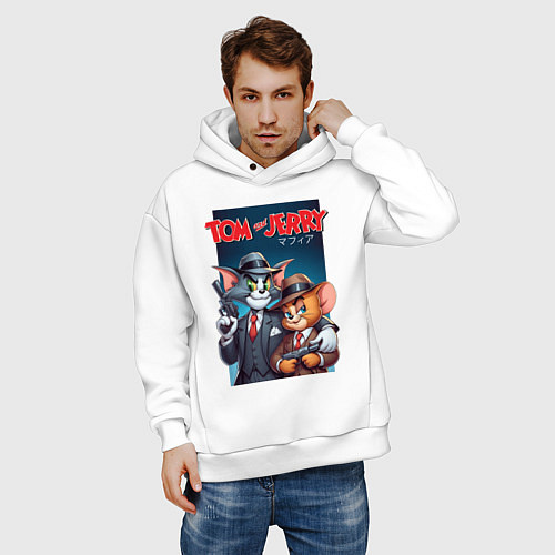 Мужское худи оверсайз Tom and Jerry - gangsters / Белый – фото 3