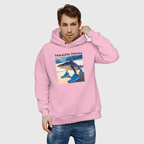 Мужское худи оверсайз Tralalera tralala - shark - brainrot meme / Светло-розовый – фото 3