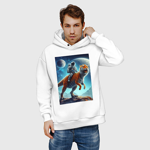 Мужское худи оверсайз Космонавт верхом на тигрозавре - затерянная планет / Белый – фото 3