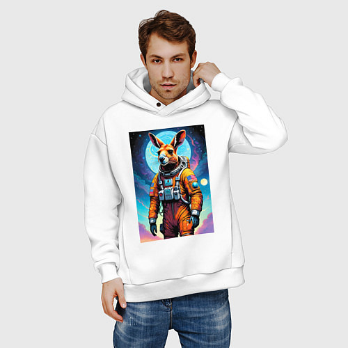 Мужское худи оверсайз Кенгуру бравый космонавт - нейроарт / Белый – фото 3